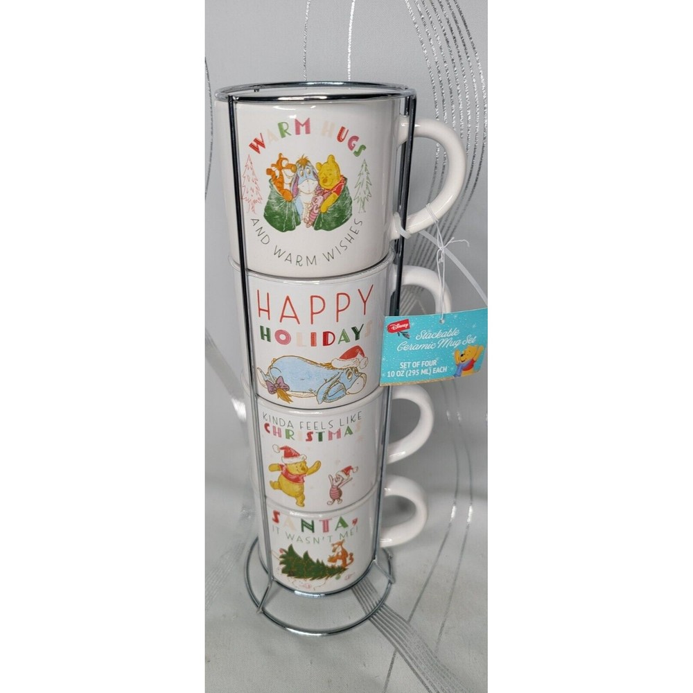 4 Disney Winnie The Pooh Christmas Stackable Ceramic Coffee Mugs 4 & Metal Tower